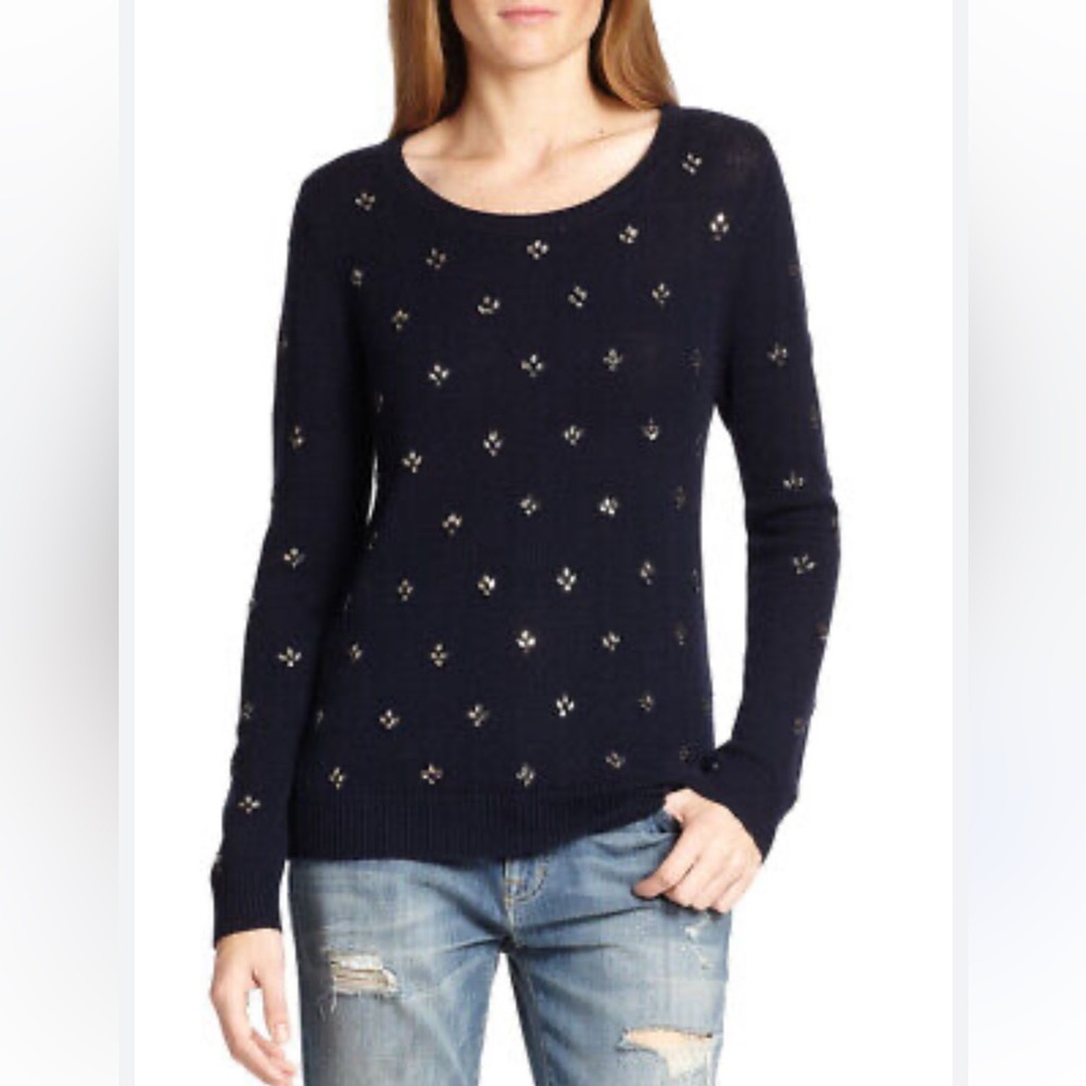 JOIE - Navy Rhinestone Embellished Mayron Sweater - Crystal Flowers - size S